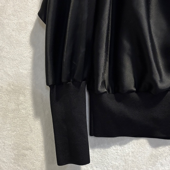 St. John Satin Black Blouse Knit Trim Cowl Neck Dolman Sleeve Top Size Medium - Picture 3 of 16
